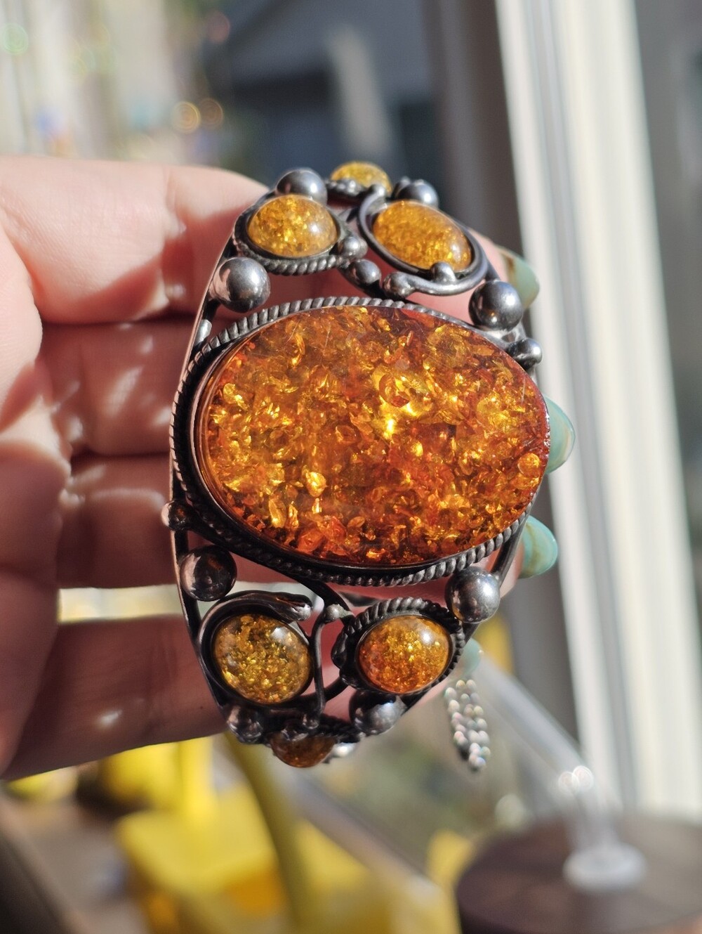Vintage sterling heavy amber bracelet. Stamped with 925 and makers mark. Heavy 5